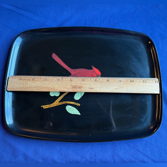 Vintage Couroc of Monterey Black Lacquer Tray with Red Cardinal & Branch - Picture 2 of 7